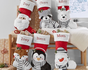 Personalized Christmas Stocking-Plush Stocking-Holiday Décor-Embroidered Name-Family Stockings-3D Plush Character- 6 Characters Available