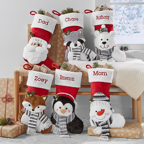 Personalized Christmas Stocking-Plush Stocking-Holiday Décor-Embroidered Name-Family Stockings-3D Plush Character- 6 Characters Available