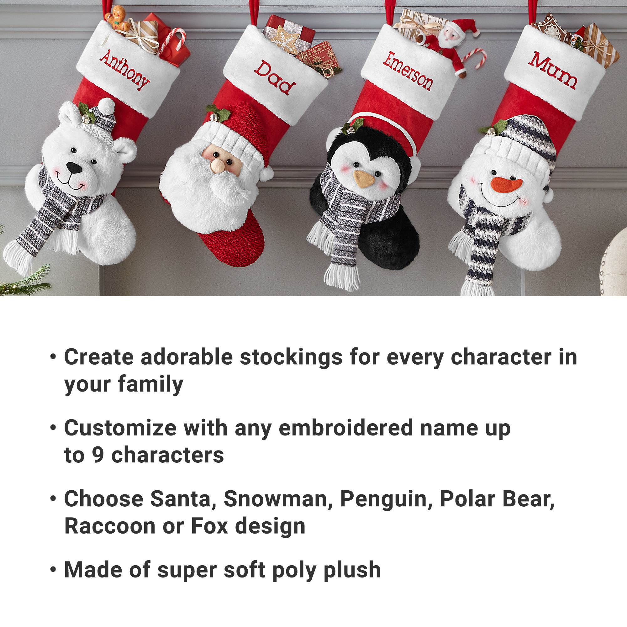 Personalized Christmas Stocking-Plush Stocking-Holiday Décor-Embroidered Name-Family Stockings-3D Plush Character- 6 Characters Available