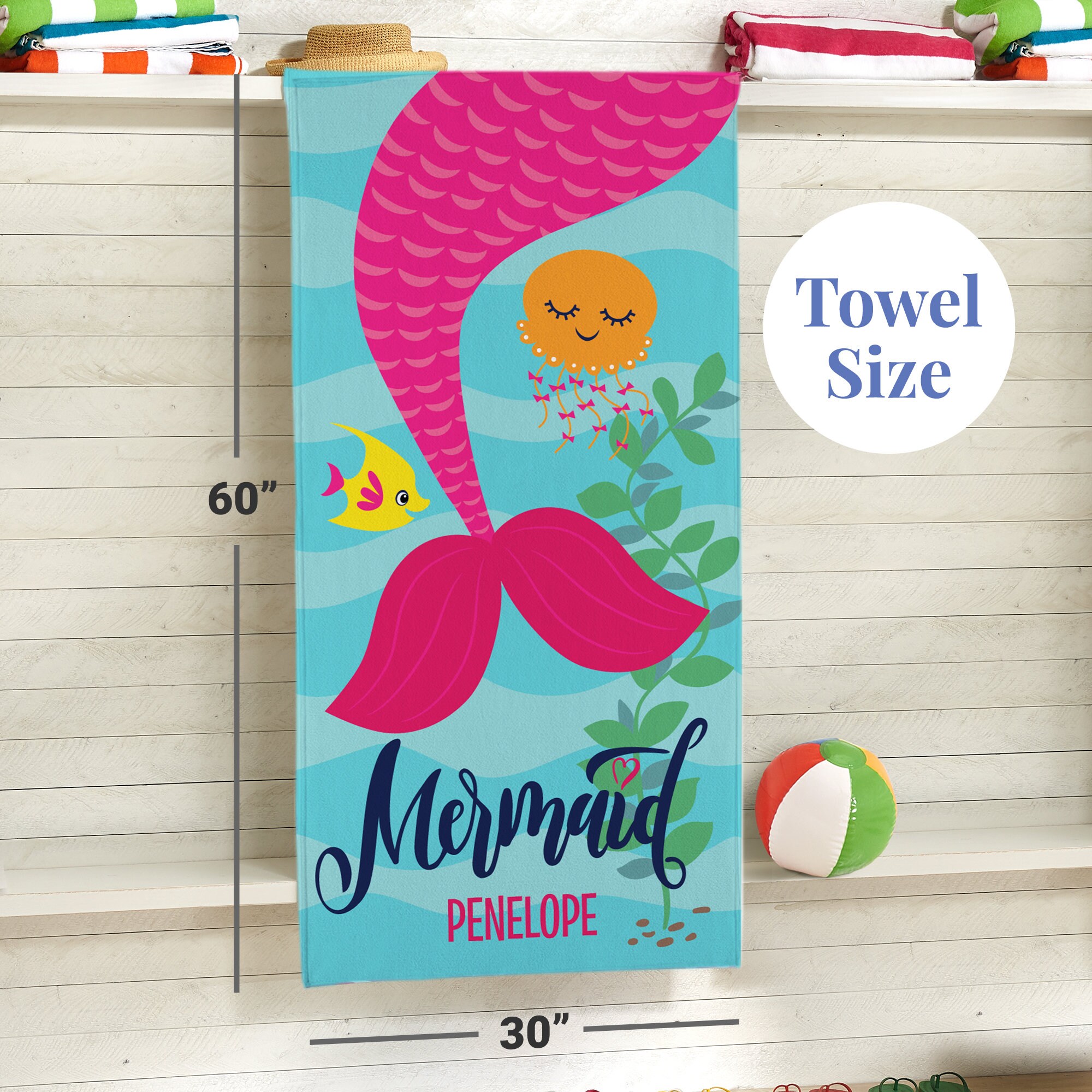 Personalized Mermaid Beach Towel Customized Towels for Pool For Girls Summer Fun 30”W x