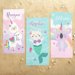 Personalized Mythical Friends Beach Towel - For Kids - For Summer Fun – Choose The Llamacorn, Koalacorn Or Purrmaid Design - 30”x60”