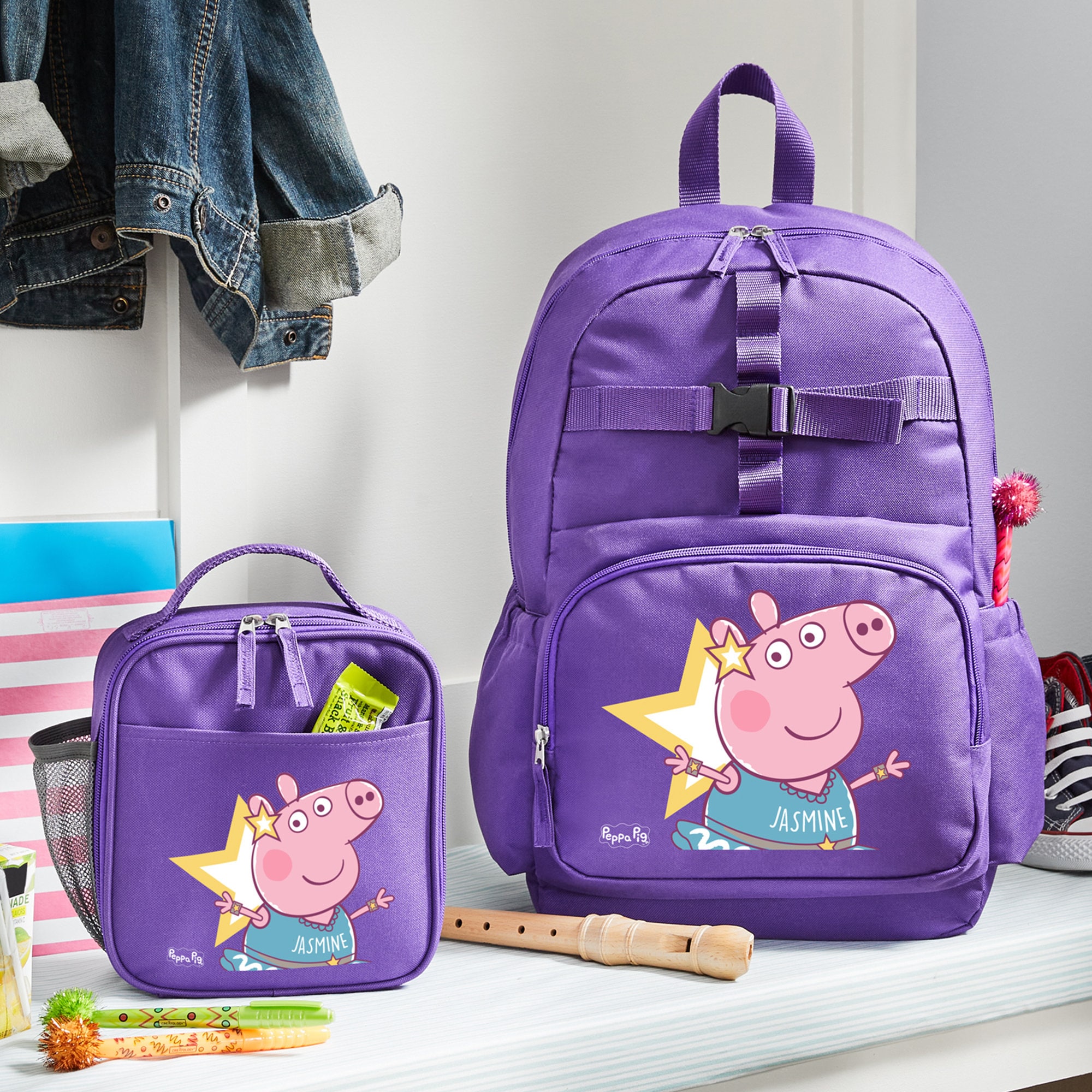 Peppa Pig Girls 5 Piece Backpack and Lunch Bag School Set (One size, Pink/Purple)