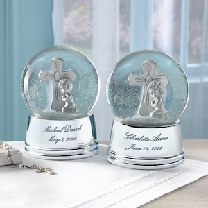 Personalized Musical Snow Globe - Silver Cross Keepsake - Baptism Gift For Boys Girls- First Communion Confirmation Gift - New Born Babies