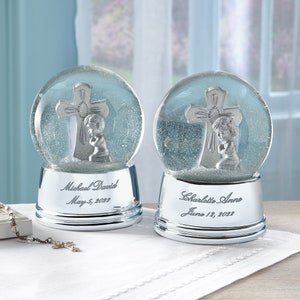 Personalized Musical Snow Globe - Silver Cross Keepsake - Baptism Gift For Boys Girls- First Communion Confirmation Gift - New Born Babies