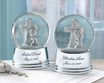 Personalized Musical Snow Globe - Silver Cross Keepsake - Baptism Gift For Boys Girls- First Communion Confirmation Gift - New Born Babies