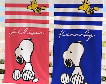 Personalized Peanuts Snoopy & Woodstock Striped Beach Towel - Snoopy™ Beach Towel - Snoopy and Woodstock Towel - Available in Blue or Pink