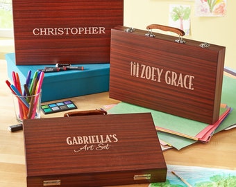 Personalized 80-Piece Deluxe Art Set w/Wood Carrying Case - Arts & Crafts - Engraved Designs - For Kids - Choose From 8 Designs