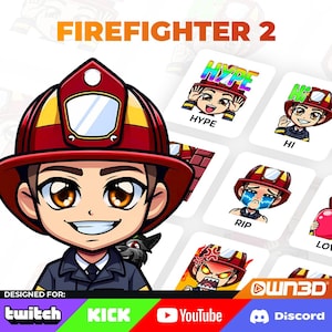 May include: A cartoon firefighter with a red helmet and a black jacket. The firefighter is smiling and has a black dog on his shoulder. The image includes a set of animated emojis for Twitch, YouTube, Kick, and Discord. The emojis include a firefighter with different expressions, such as hype, hi, rip, and love.