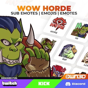 以下が含まれることがあります： 緑色のオークがさまざまな表情をしたデジタル絵文字のセット。Twitch、Kick、Discord、Own3D で使用するために設計されています。絵文字には、「Hype」、「Hi」、「Rip」、「Love」が含まれています。
