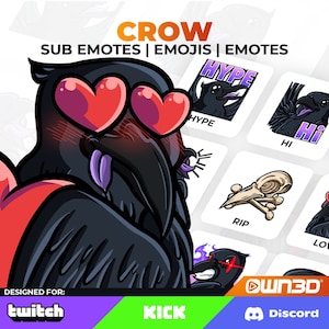 May include: A set of animated Twitch emotes featuring a cartoon crow with different expressions. The emotes include "Hype", "Hi", "RIP", and "Love". The emotes are designed for Twitch, Kick, and Discord.
