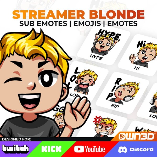 Streamer Male Blonde Animated Sub Emotes - 8 Pack [Twitch | Kick | YouTube]