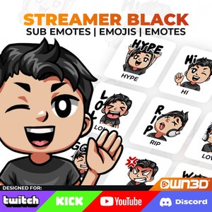 Streamer Male Black Animated Sub Emotes 8 Pack Twitch Kick YouTube image 1