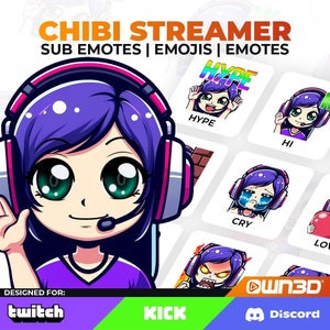 Chibi Streamer Violet Animated Sub Emotes - 8 Pack [Twitch | Kick | Discord]