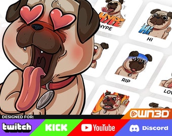 May include: A set of animated pug dog emojis for use on Twitch, Kick, YouTube, and Discord. The emojis feature a variety of expressions, including hearts for eyes, a tongue sticking out, and a pug wearing a hat. The text "OWN3D" is also included in the image.