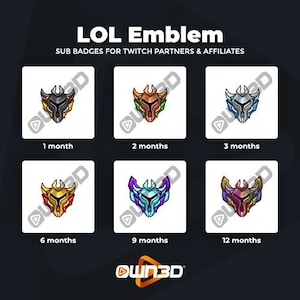 May include: A set of nine League of Legends (LoL) Twitch sub badges featuring a silver, gold, and bronze helmet with different colored accents. The badges are labeled with the number of months a viewer has subscribed to a channel: 1 month, 2 months, 3 months, 6 months, 9 months, and 12 months.