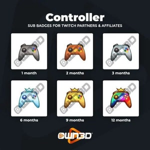 Peut inclure: Un ensemble de neuf badges d'abonnement Twitch représentant une manette de jeu stylisée dans différentes couleurs. Les badges représentent différents niveaux d'abonnement : 1 mois, 2 mois, 3 mois, 6 mois, 9 mois et 12 mois. Les badges sont conçus pour les partenaires et les affiliés Twitch.