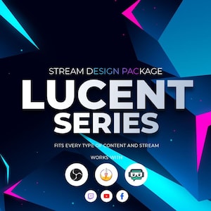 Könnte beinhalten: Ein Grafikdesign-Paket namens "Lucent Series" für Streamer. Es verfügt über einen blauen, pinken und schwarzen geometrischen Hintergrund mit dem Text "STREAM DESIGN PACKAGE" und "LUCENT SERIES". Der Text "FITS EVERY TYPE OF CONTENT AND STREAM" und "WORKS WITH" ist ebenfalls enthalten. Das Bild zeigt Logos für Twitch, YouTube, Facebook, Streamlabs, OBS Studio und eine Rakete.