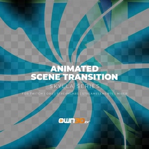 Puede incluir: Efecto de transición de escena animada con un diseño azul y blanco giratorio. El texto "Animated Scene Transition" y "Skylla Series" se muestra en blanco. El texto "For Twitch | OBS | Streamlabs | Streamelements | Mixer" se muestra en blanco debajo del título.