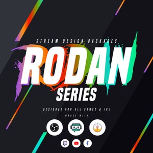 Op de afbeelding: Een kleurrijk grafisch ontwerp voor een streamingkanaal genaamd "Rodan Series". Het ontwerp bevat een wit tekstlogo met een regenboogachtergrond en een zwarte achtergrond met diagonale lijnen. Het ontwerp bevat ook pictogrammen voor Twitch, YouTube, Facebook en andere streamingplatforms.