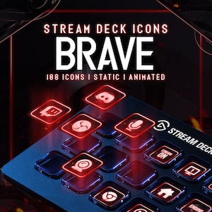 Puede incluir: Primer plano de un Stream Deck negro con iconos rojos brillantes. Los iconos incluyen un micrófono, una cámara, un navegador, una casa y un logotipo de Discord. El texto "STREAM DECK ICONS BRAVE 188 ICONS I STATIC I ANIMATED" se muestra en la parte superior de la imagen.