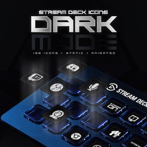 Puede incluir: Primer plano de un Stream Deck azul con varios iconos que se muestran en los botones. Los iconos incluyen un micrófono, una cámara, un botón de reproducción y un logotipo de Discord. El texto "STREAM DECK ICONS DARK MODE 188 ICONS I STATIC I ANIMATED" se muestra en la parte superior de la imagen.