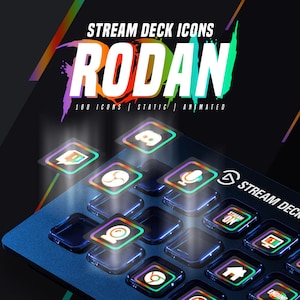 May include: A blue Stream Deck with colorful icons for social media, streaming, and other functions. The text "STREAM DECK ICONS RODAN 188 ICONS | STATIC | ANIMATED" is displayed at the top of the image.