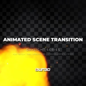 Puede incluir: Transición de escena animada con un efecto de fuego amarillo y naranja. El texto "DAYLIGHT SERIES" se muestra sobre el efecto de fuego. El texto "FOR TWITCH | OBS | STREAMLABS | STREAMELEMENTS | MIXER" se muestra debajo del efecto de fuego. El texto "OWN3D" se muestra en la esquina inferior derecha de la imagen.