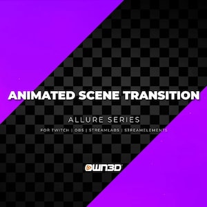Puede incluir: Imagen con un fondo a cuadros negro y transparente, dividida por una franja diagonal púrpura. El texto blanco dice "ANIMATED SCENE TRANSITION" y "ALLURE SERIES". Texto adicional indica compatibilidad con Twitch, OBS, Streamlabs y Streamelements.
