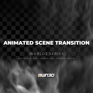 Puede incluir: Transición de escena animada con un efecto de humo blanco. El texto "Worlds Series" se muestra en el centro de la imagen. El texto "For Twitch | OBS | Streamlabs | Streamelements" se muestra debajo del texto "Worlds Series". El texto "Own3D" se muestra en la parte inferior central de la imagen.