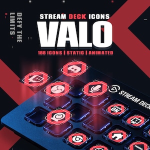 May include: An advertisement for Stream Deck icons, with the word "VALO" prominently displayed. The image shows a Stream Deck with red and white illuminated icons. Text reads "188 Icons | Static | Animated". The background is dark with red highlights.