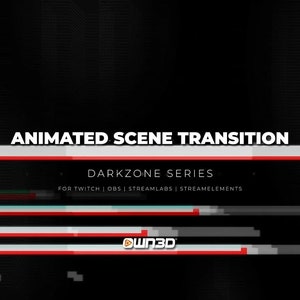 Puede incluir: Transición de escena animada Darkzone Series para Twitch, OBS, Streamlabs y Streamelements. El texto es blanco con un contorno rojo. El fondo es negro con un efecto de glitch.