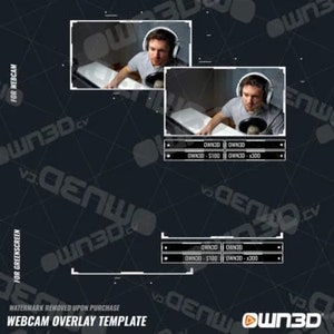 May include: A black and white webcam overlay template featuring the text "OWN3D" and "OWN3D - £100 OWN3D - £300". The template is designed for use with a green screen and a webcam.
