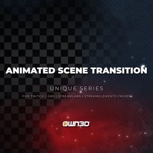Puede incluir: Transición de escena animada - Serie única para Twitch, OBS, Streamlabs, Streamelements y Mixer. El texto está sobre un fondo de cuadros blancos y negros con un degradado rojo y azul en el fondo.