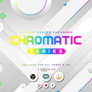 以下が含まれることがあります： 虹色のカラーテーマを採用した「Chromatic Series」というTwitchストリーマー向けのグラフィックデザインパッケージです。デザインには、ロゴ、パネル、オーバーレイなど、さまざまな要素が含まれています。このパッケージは、すべてのゲームとIRLストリーム向けに設計されています。