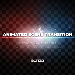 Puede incluir: Transición de escena animada con un texto blanco superpuesto que dice "Animated Scene Transition" y "Design Name Series" con el texto "For Twitch | OBS | Streamlabs | Streamelements" debajo. El texto está sobre un fondo negro con un patrón de cuadros rojos y azules.