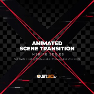 Puede incluir: Efecto de transición de escena animada con líneas rojas y un fondo a cuadros. El texto dice "Animated Scene Transition Inspire Series for Twitch | OBS | Streamlabs | Streamelements | Mixer own3D.tv".