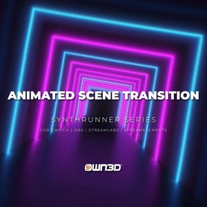 Puede incluir: Transición de escena animada con un túnel de luz neón azul y rosa. El texto "SYNTHRUNNER SERIES" se muestra en blanco con el texto "FOR TWITCH | OBS | STREAMLABS | STREAMELEMENTS" debajo. El texto "OWN3D" se muestra en blanco con un círculo azul alrededor.