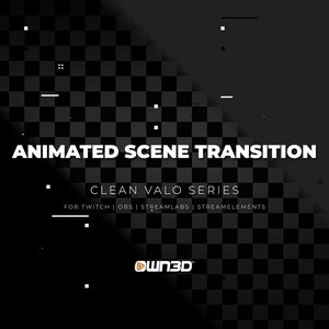 Puede incluir: Gráfico de transición de escena animada con un fondo a cuadros blanco y negro y el texto "ANIMATED SCENE TRANSITION" y "CLEAN VALO SERIES" en blanco. El texto "FOR TWITCH | OBS | STREAMLABS | STREAMELEMENTS" también está en blanco. El gráfico incluye el logotipo "own3D" en naranja y blanco.