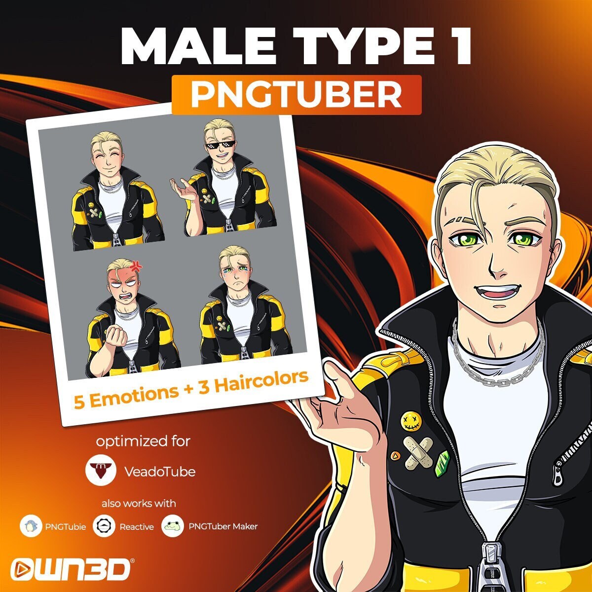 Male Type 1 PNG Tuber Avatar for [Twitch | Kick | YouTube | Discord | Facebook | TikTok] ready to use VTuber +3 Haircolors