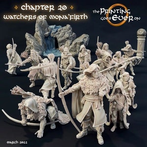 Può includere: Un gruppo di miniature di arcieri e guerrieri in varie pose. Alcune figure sono inginocchiate e mirano con archi. Il testo "chapter 20 watchers of mona'firth" è in alto e "march 2022" in basso.