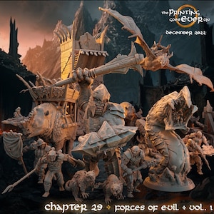 May include: A 3D printed miniature set featuring a large, armored Orc riding a rhinoceros-like creature, wielding a large axe. The set also includes a flying dragon, a giant worm, and several smaller Orc figures. The set is titled "Chapter 29: Forces of Evil Vol. 1".