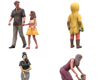 Familie Diorama Miniaturen ONGESCHILDERDE Set (6 Figuren) Schaal 1/50, 1/43, 1/35, 1/32, 1/24, 1/18 Modelbouw 3D Print Vader Moeder Kind
