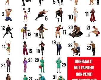 May include: A set of 31 unpainted figurines, each depicting a different person in a variety of poses and activities. The figurines are made of a white plastic material and are approximately 2 inches tall. The text "UNBEMALT! NOT PAINTED! NON PEINT! NON VERNICIATO! SIN PINTAR!" is printed in red at the bottom of the image.