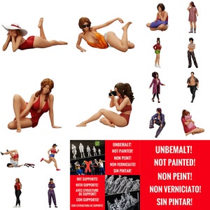 Könnte beinhalten: Ein Set mit 12 unbemalten Figuren, darunter Frauen in verschiedenen Posen, ein Mann mit einer Kamera und ein Mann ohne Hemd. Die Figuren sind aus Kunststoff und bereit zum Bemalen. Der Text auf dem Bild lautet "UNBEMALT! NOT PAINTED! NON PEINT! NON VERNICIATO! SIN PINTAR!" und "MIT SUPPORTS! WITH SUPPORTS! AVEC STRUCTURE DE SUPPORT! CON SUPPORTO! CON ESTRUCTURA DE SOPORTE!"