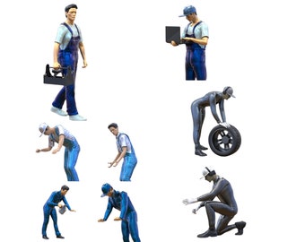 Mechaniker Diorama Miniaturen UNBEMALT Set (8 Figuren)  Maßstab 1/50, 1/43, 1/35, 1/32, 1/24, 1/18 Modellbau 3D Druck Menschen Personen