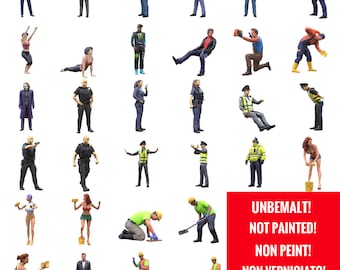 May include: A set of 30 unpainted miniature figures in various poses and occupations, including construction workers, police officers, and a woman in a bikini. The figures are made of plastic and are approximately 1 inch tall. The text on the sign reads "Unbemalt! Not Painted! Non Peint! Non Verniciato! Sin Pintar!"