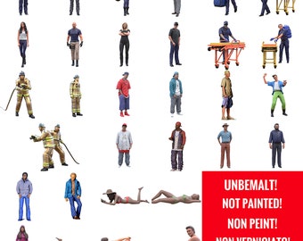 May include: A collection of unpainted figurines of people in various poses and occupations, including firefighters, police officers, and construction workers. The text "Unbemalt! Not Painted! Non Peint! Non Verniciato! Sin Pintar!" is displayed on a red background.