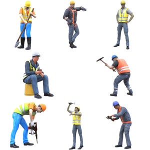 Construction Worker Diorama Miniatures UNPAINTED Set (8 Figures) Scale 1/50, 1/43, 1/35, 1/32, 1/24, 1/18 Model Building 3D Printing People Persons