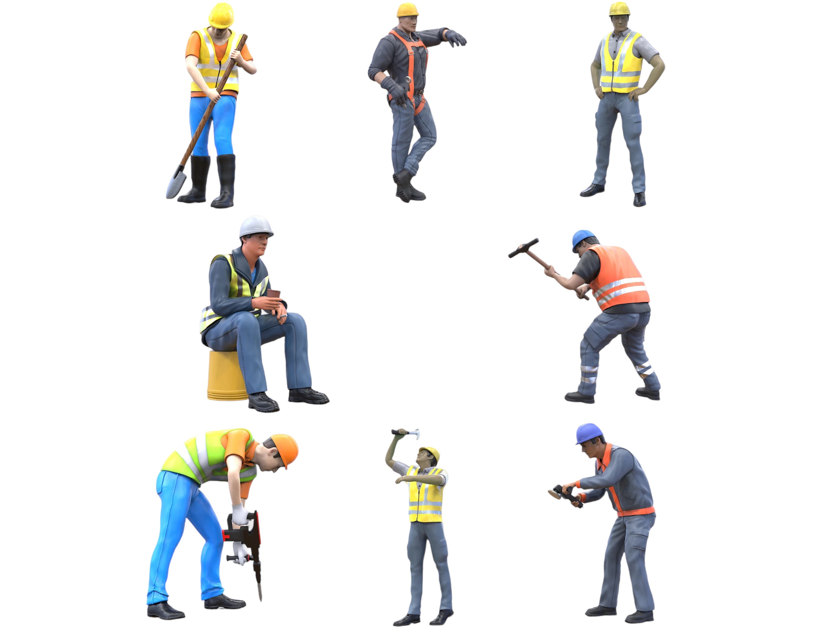 Construction Worker Diorama Miniatures UNPAINTED Set (8 Figures) Scale 1/50, 1/43, 1/35, 1/32, 1/24, 1/18 Model Building 3D Printing People Persons