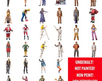 May include: A collection of 36 unpainted figurines depicting various people in different poses and situations. The figurines are made of a white material and are ready to be painted.